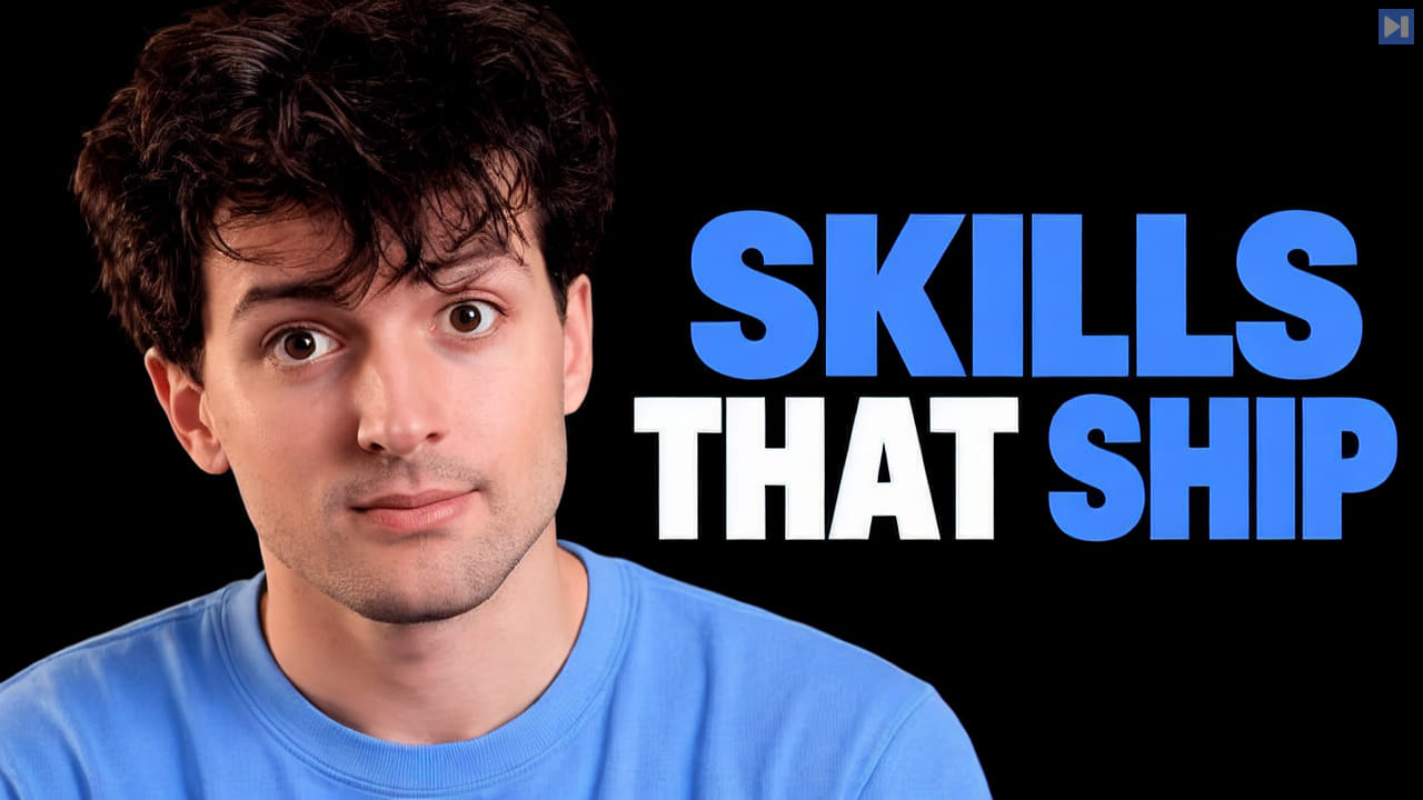 Theo Browne against black beside the blue and white headline “SKILLS THAT SHIP”.