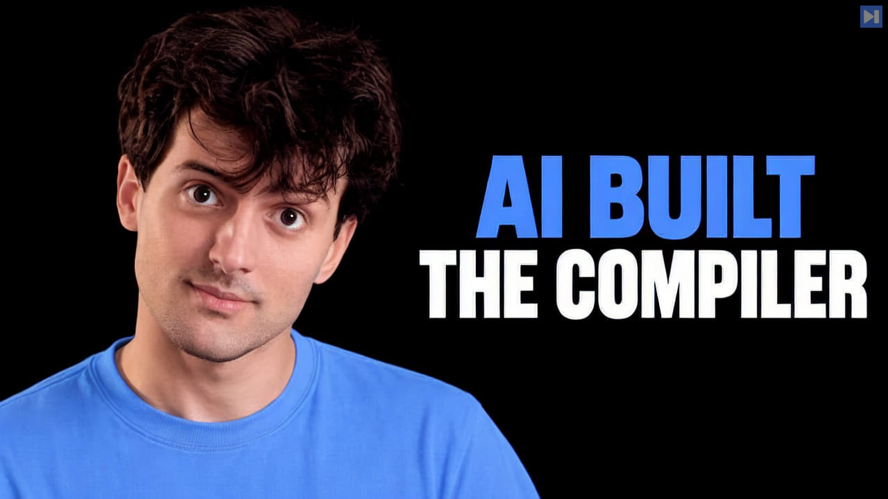 Theo Browne looks upward beside the blue and white headline “AI BUILT THE COMPILER” on black.