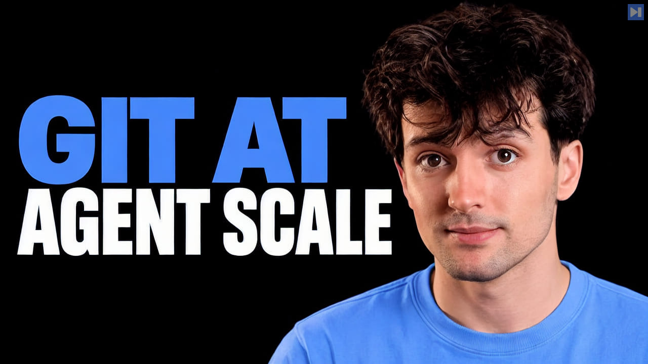 Theo Browne in a blue top beside the blue and white headline Git At Agent Scale on black.