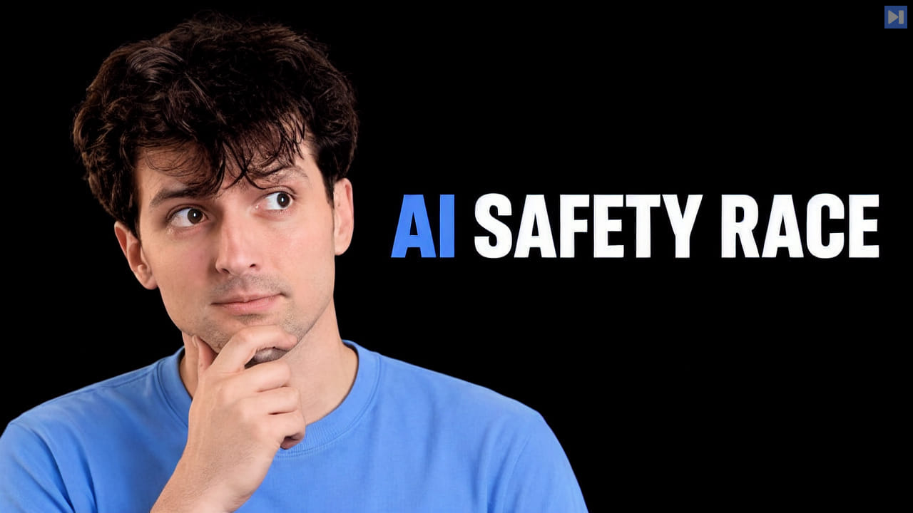 Theo Browne on a black background beside the headline ‘AI SAFETY RACE’.