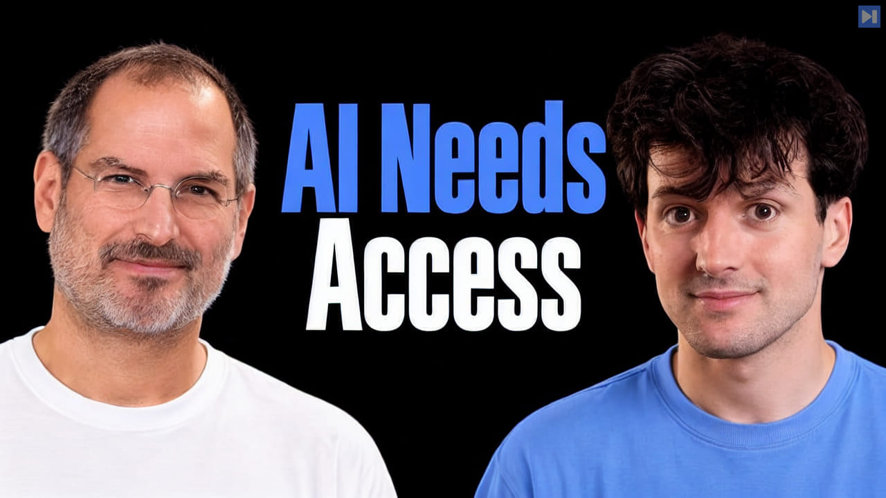 Steve Jobs in white and Theo Browne in blue beside the blue and white headline AI Needs Access on a black background.