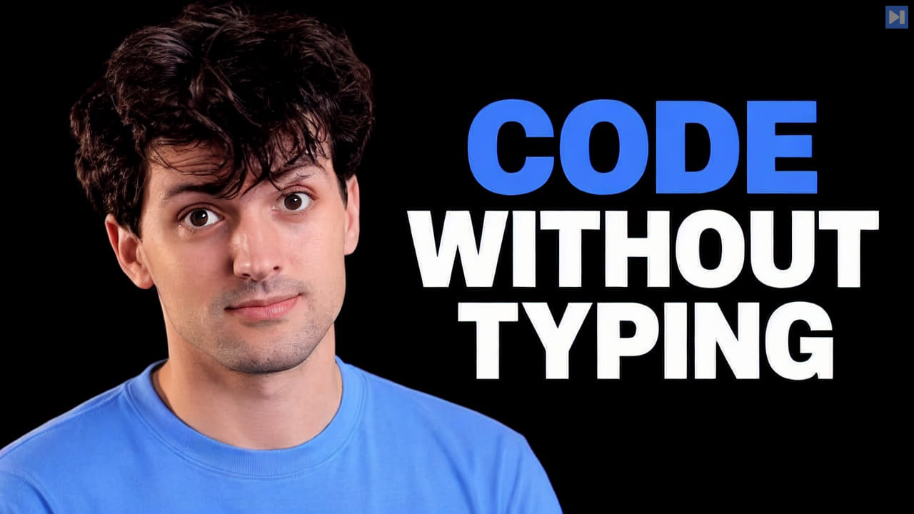 Theo Browne in a blue top beside the blue and white headline “CODE WITHOUT TYPING” against black.
