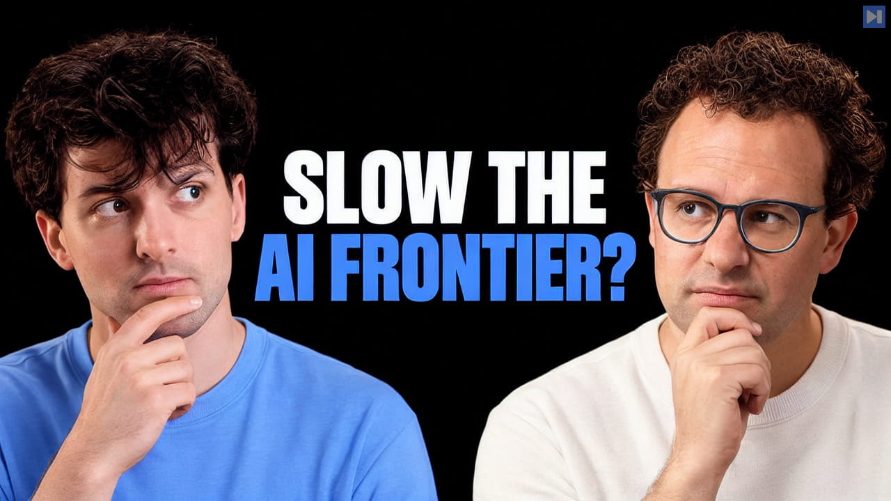 Theo Browne and Dario Amodei beside the headline Slow the AI Frontier? on a black background.