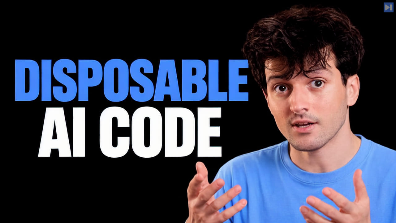 Theo Browne on a black background beside the blue-and-white headline DISPOSABLE AI CODE.