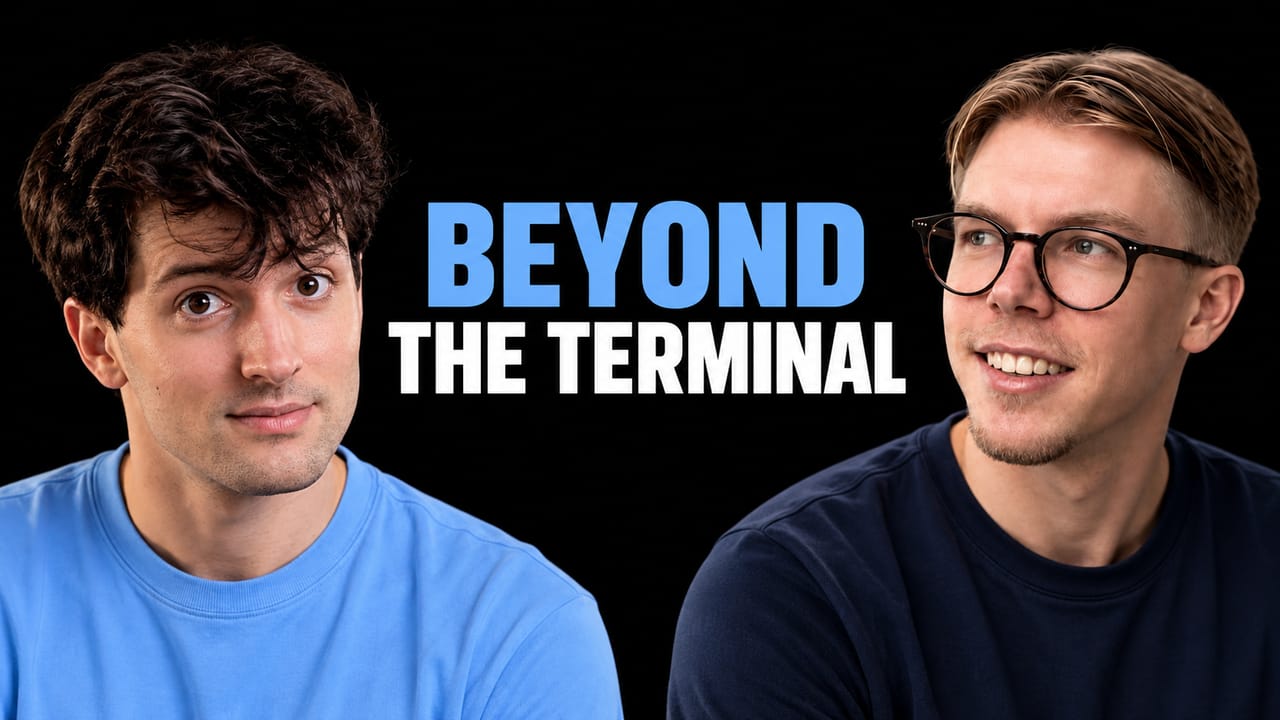 Theo Browne and Julius Marminge beside the headline Beyond Terminals, discussing graphical AI coding workflows.