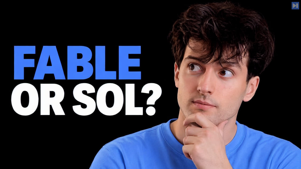 Theo Browne looks upward with a hand at his chin beside the blue and white headline “FABLE OR SOL?” on black.