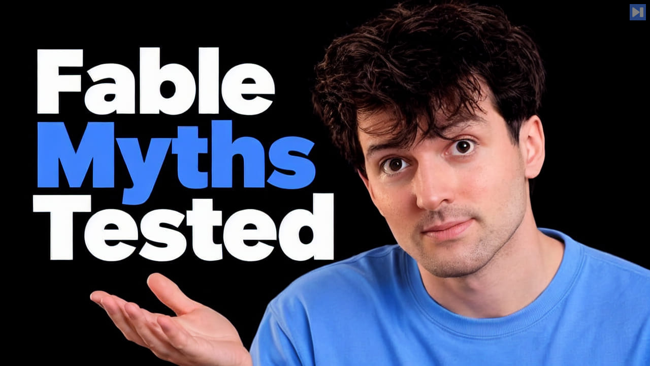 Theo Browne against a black background beside the blue and white headline "Fable Myths Tested".