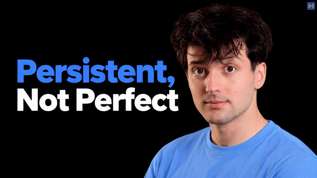 Theo Browne in a blue top against black beside the blue-and-white headline “Persistent, Not Perfect”.