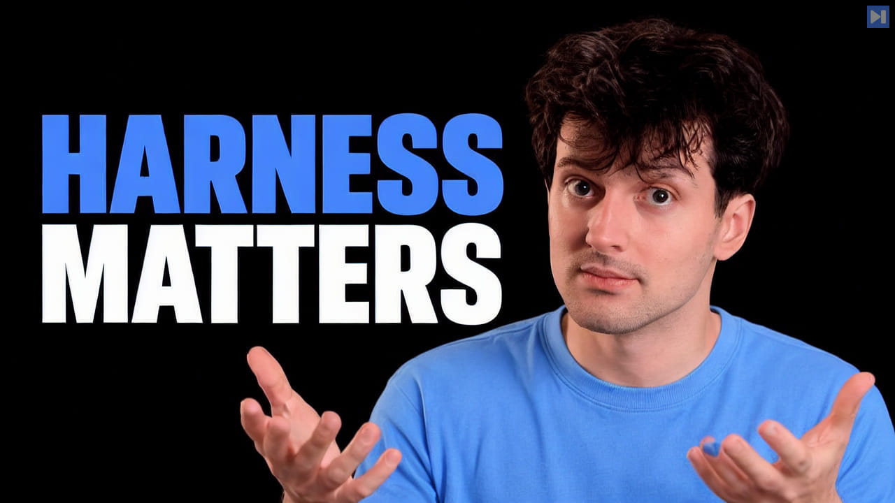 Theo Browne gestures with open hands beside the blue-and-white headline Harness Matters on a black background.