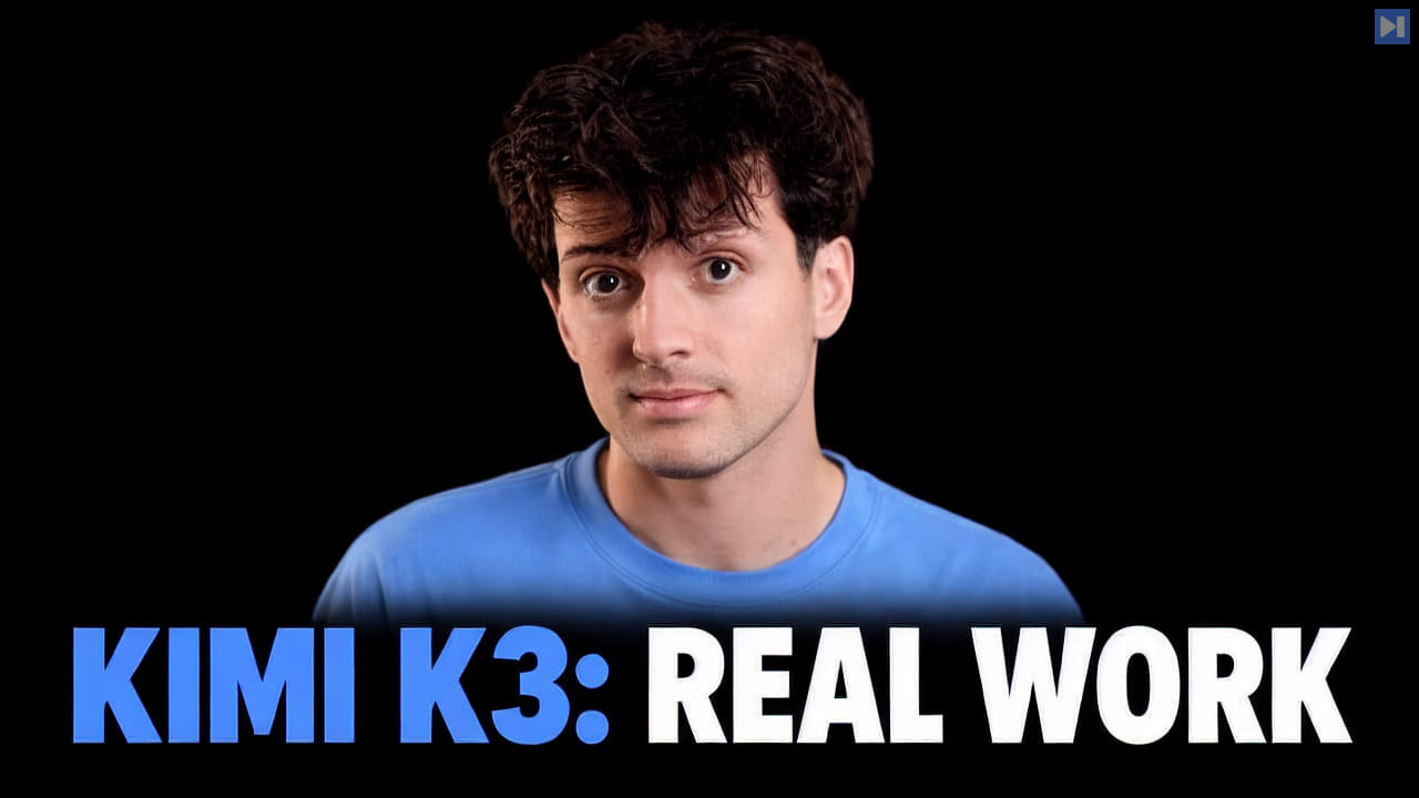 Theo Browne beside the blue and white headline KIMI K3: REAL WORK on a black background.