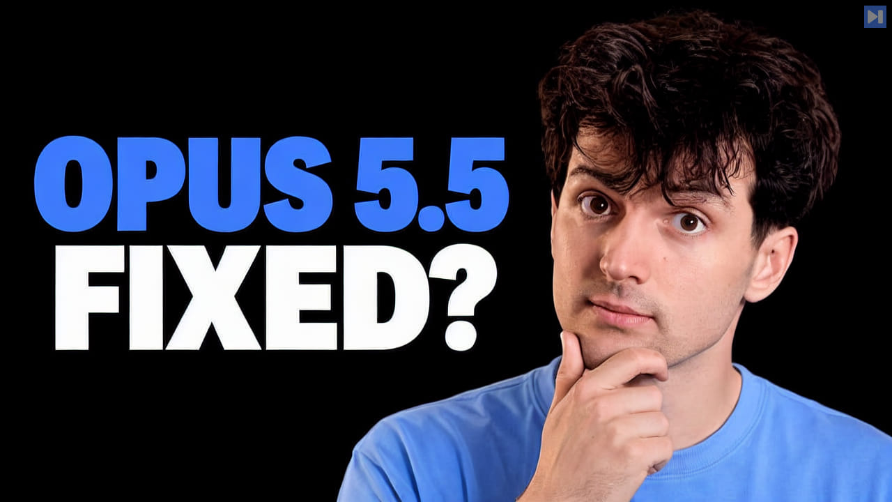 Theo Browne touching his chin beside the blue-and-white headline “OPUS 5.5 FIXED?” on black.