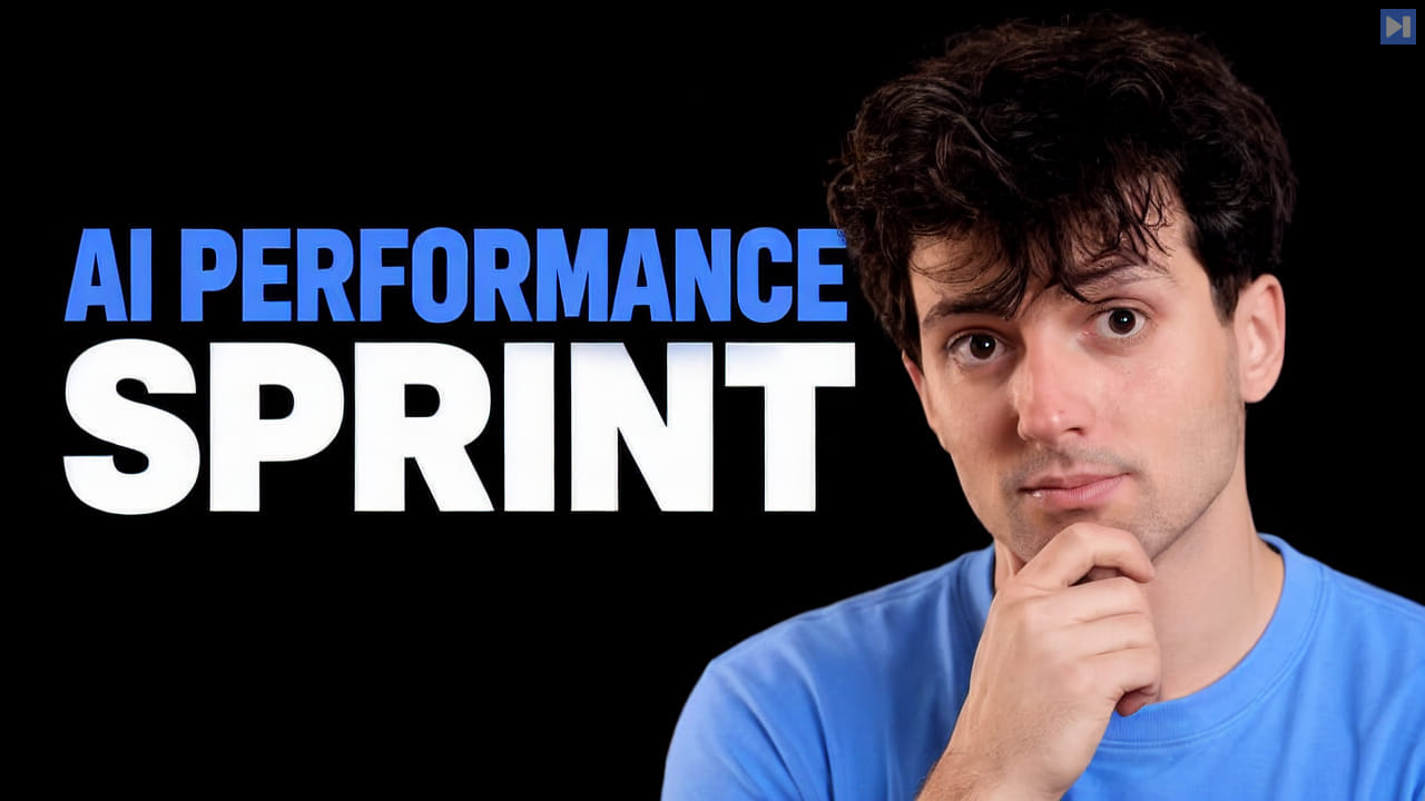 Theo Browne in blue with one hand under his chin beside the blue and white “AI PERFORMANCE SPRINT” headline on black.