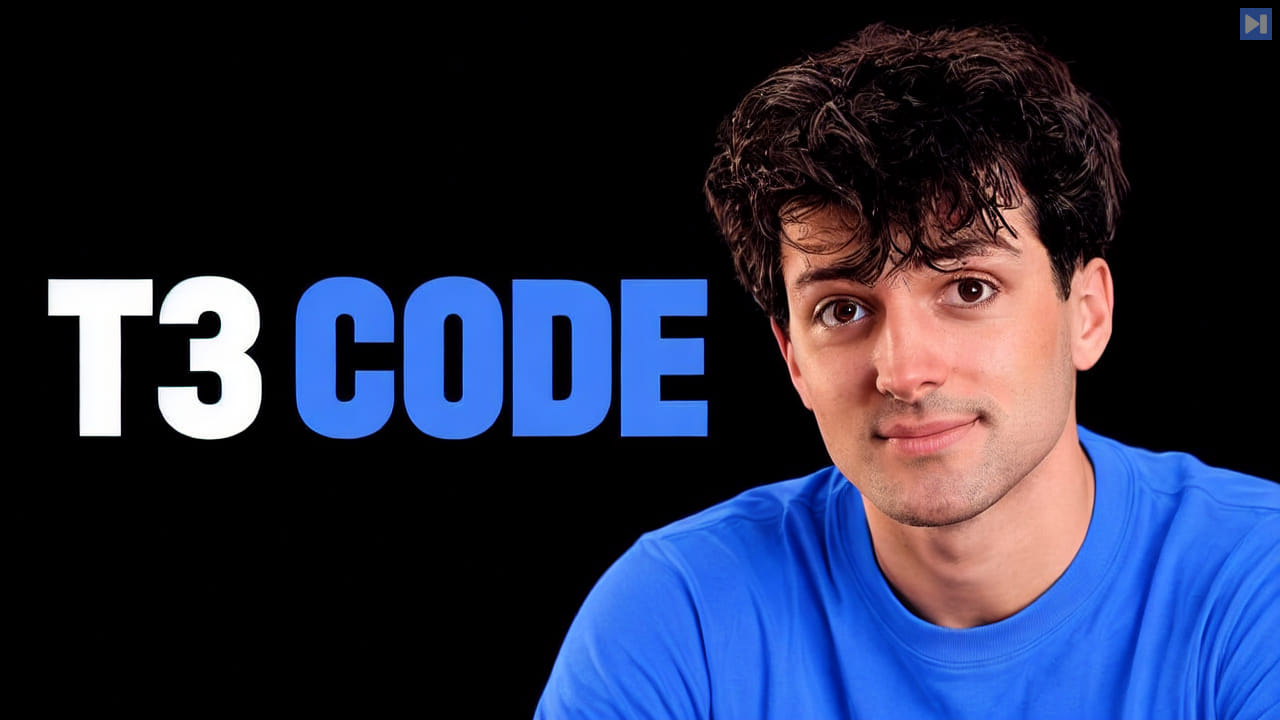 Theo Browne in a blue T-shirt beside the words T3 Code on a black background.
