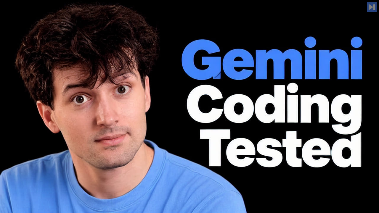 Theo Browne against a black background beside the blue and white headline "Gemini Coding Tested".
