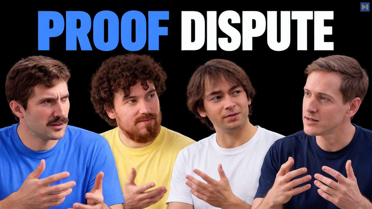 ThePrimeagen, Tristan Buckmaster, Levent Alpöge and Sébastien Bubeck in a black-background portrait composition beneath the blue-and-white headline Proof Dispute.