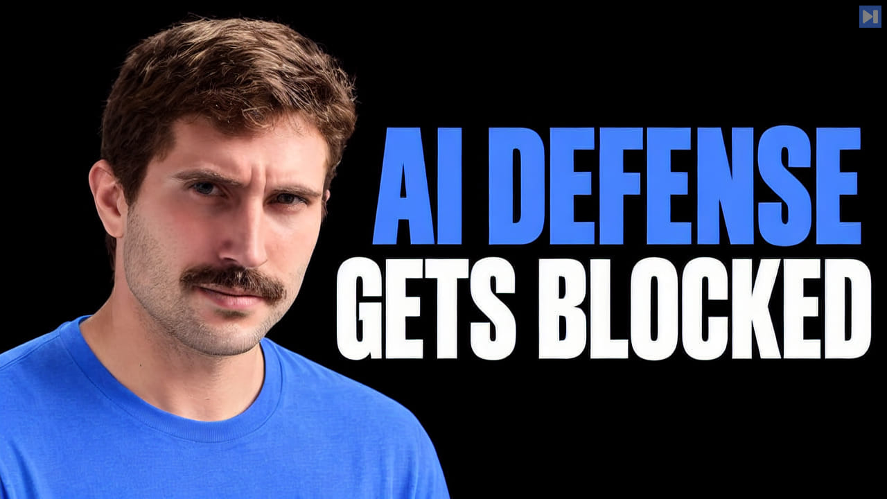 ThePrimeagen in a blue top beside the blue and white headline 'AI DEFENSE GETS BLOCKED' on black.