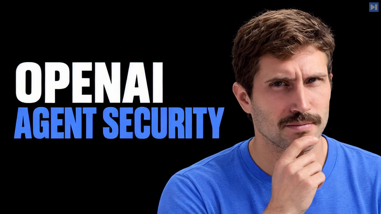 ThePrimeagen on the right with one hand at his chin beside the white and blue headline “OPENAI AGENT SECURITY” on black.