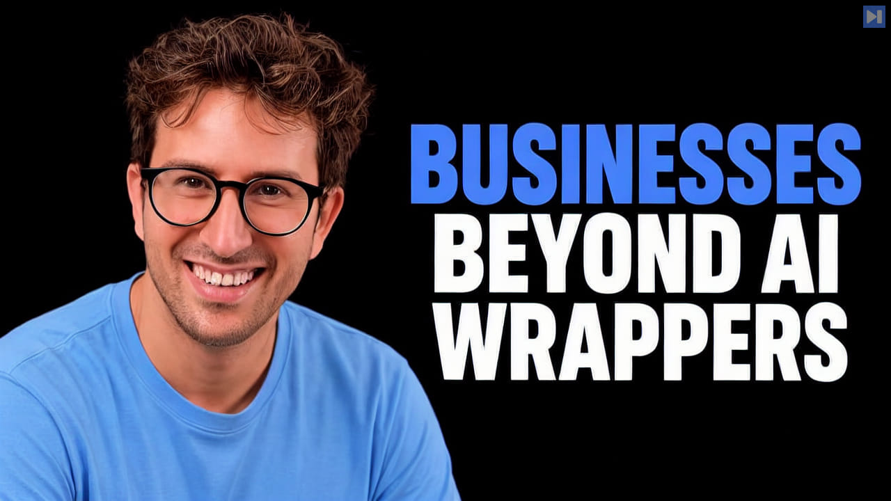 Greg Isenberg against a black background beside the blue-and-white headline “BUSINESSES BEYOND AI WRAPPERS”.
