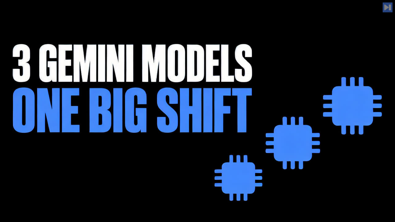 Three flat attention-blue AI chips sit beside the headline 3 Gemini Models One Big Shift on a pure black background.