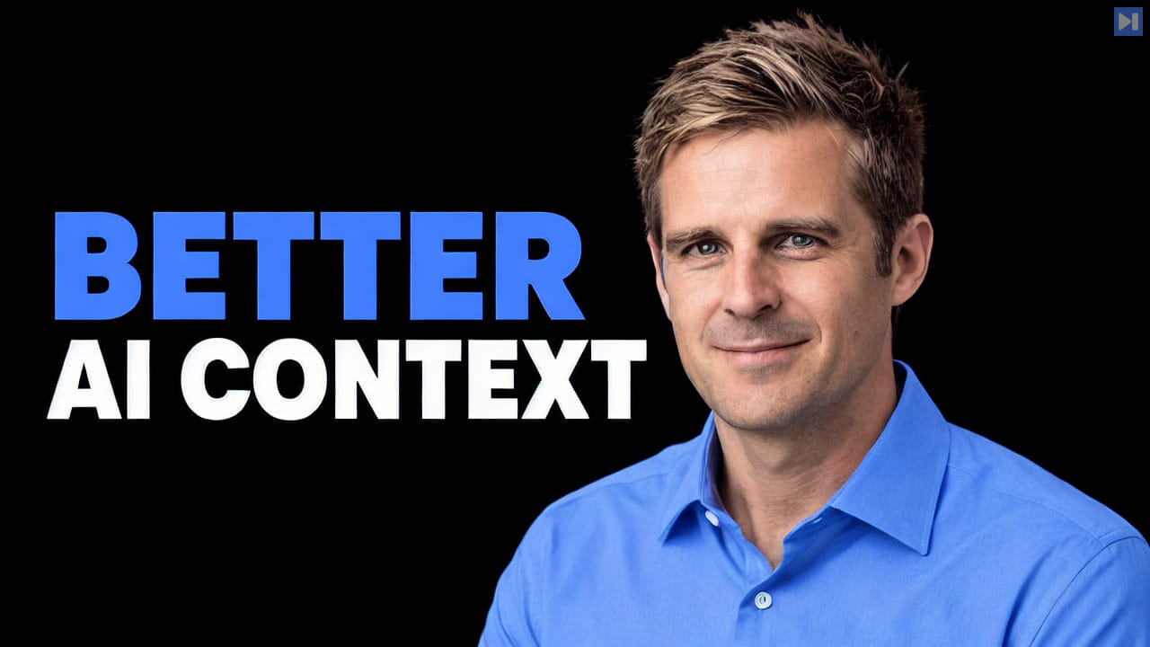 Tim Ainge in a blue shirt against black beside the blue-and-white headline “BETTER AI CONTEXT”.