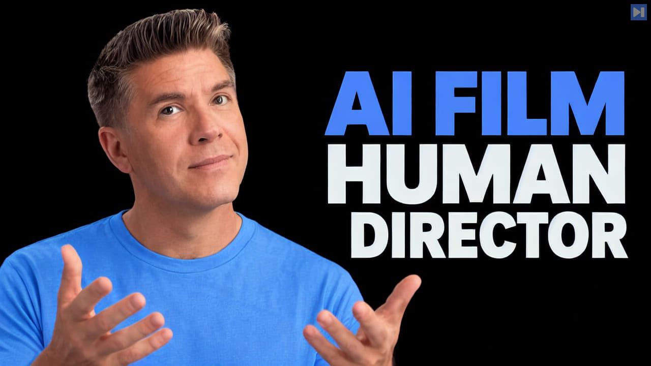 Tim Simmons is shown beside the blue-and-white headline AI FILM HUMAN DIRECTOR on a black background.