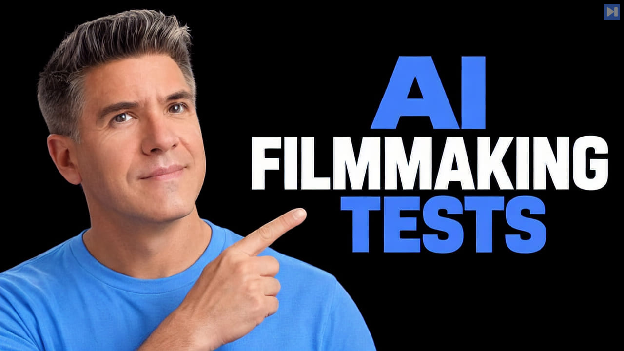 Tim Simmons beside the blue and white headline AI FILMMAKING TESTS on a black background.