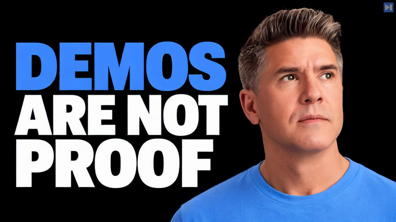 Tim Simmons on a black background with the headline DEMOS ARE NOT PROOF in blue and white.