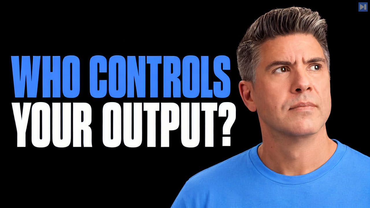 Tim Simmons in a blue top beside the blue and white headline 'WHO CONTROLS YOUR OUTPUT?' on black.