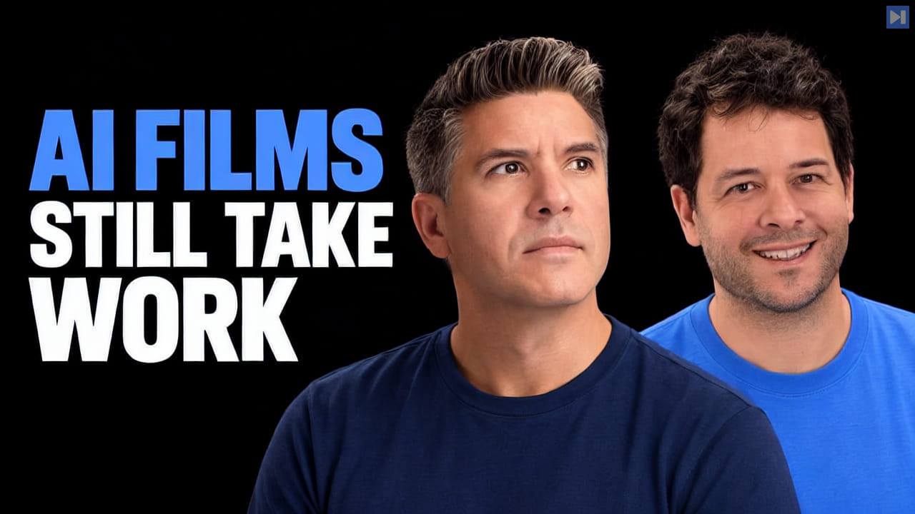Tim Simmons, Javi Lopez beside the blue and white headline AI FILMS STILL TAKE WORK against a black background.