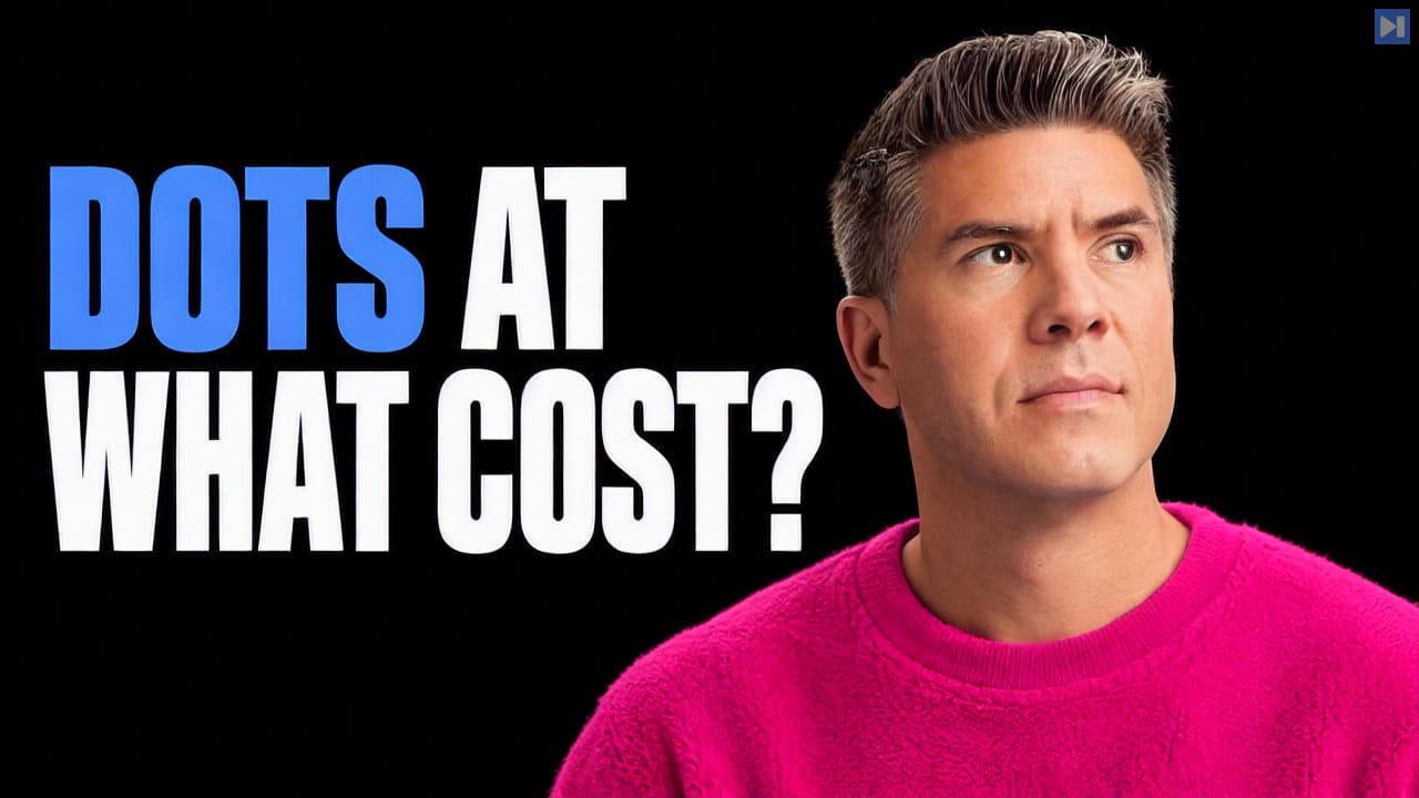 Tim Simmons in a fuzzy magenta plush top looking upward beside the blue and white headline 'DOTS AT WHAT COST?' on black.