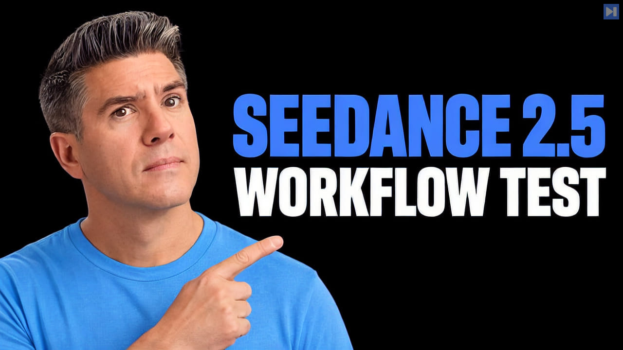 Tim Simmons beside the blue-and-white headline “SEEDANCE 2.5 WORKFLOW TEST” on a black background.