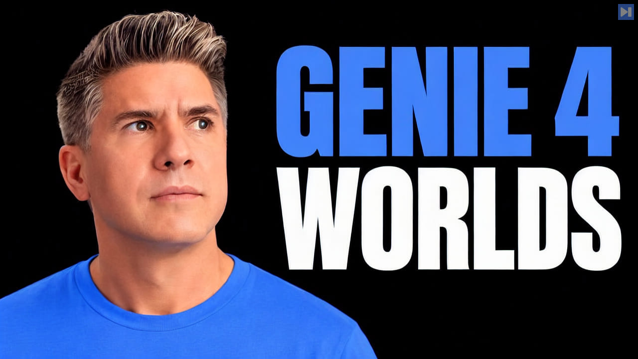 Tim Simmons in a blue T-shirt: GENIE 4 WORLDS.