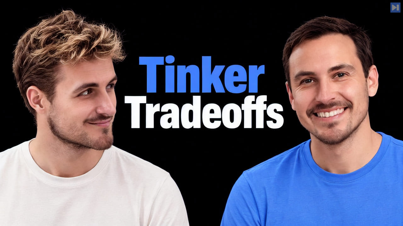 Pierce Freeman and Richard Diehl Martinez flank a large blue Tinker and white Tradeoffs headline on a black background.