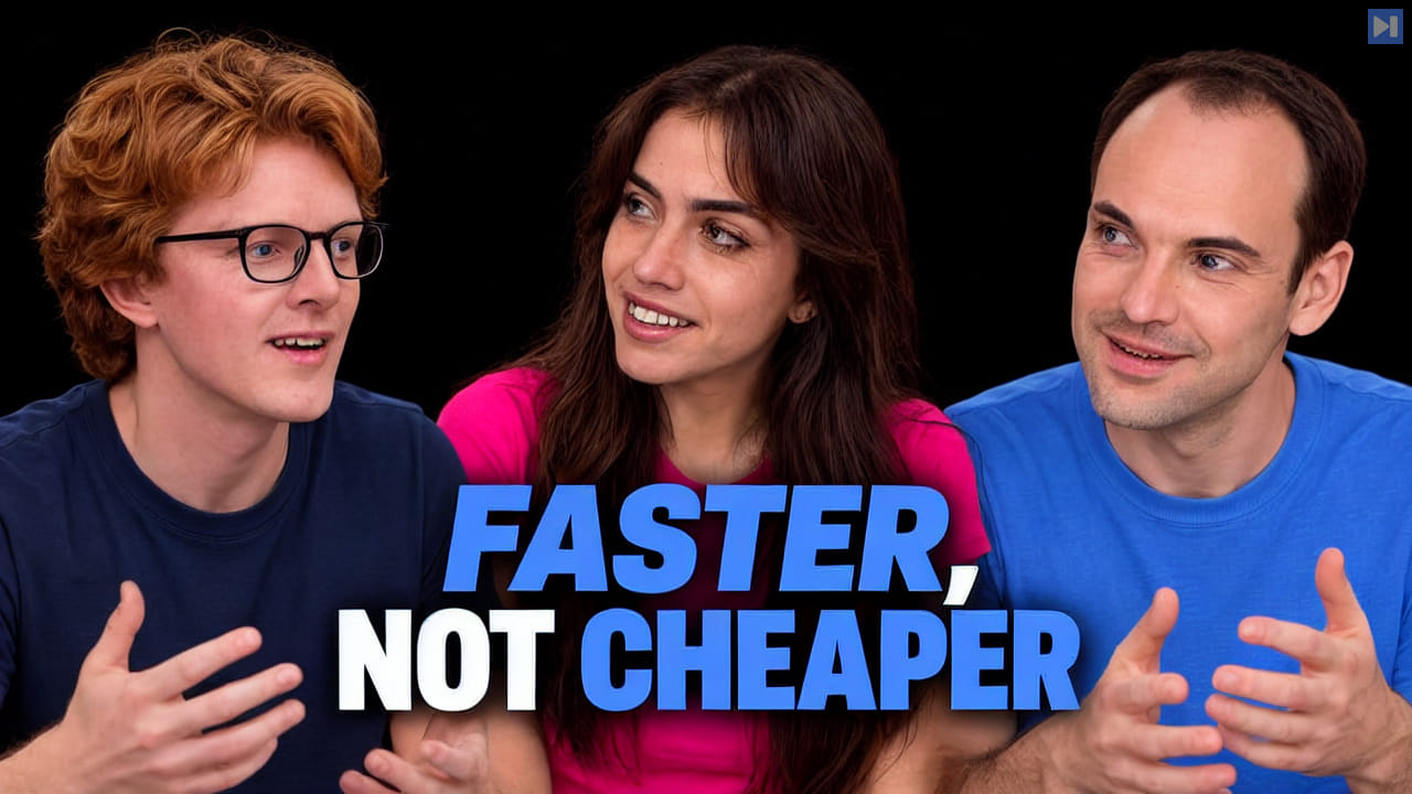 Theo Jaffee, Sofia Puccini, Toby Ord against a black background with the headline FASTER, NOT CHEAPER in blue and white.