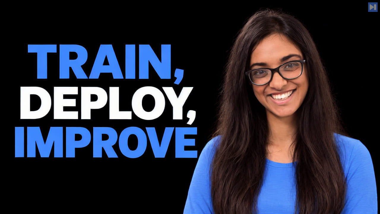 Jetashree Ravi beside the blue and white headline TRAIN, DEPLOY, IMPROVE on a black background.