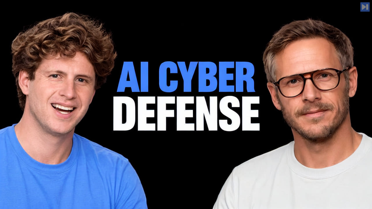 Uri Rolls in blue and Thomas Wolf wearing glasses and an off-white shirt flank the blue and white “AI CYBER DEFENSE” headline on black.