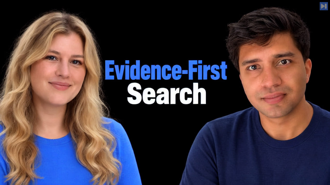 Hanna Lichtenberg in light blue on the left and Aamir Shakir in dark blue on the right, beside the blue-and-white headline “Evidence-First Search” against black.