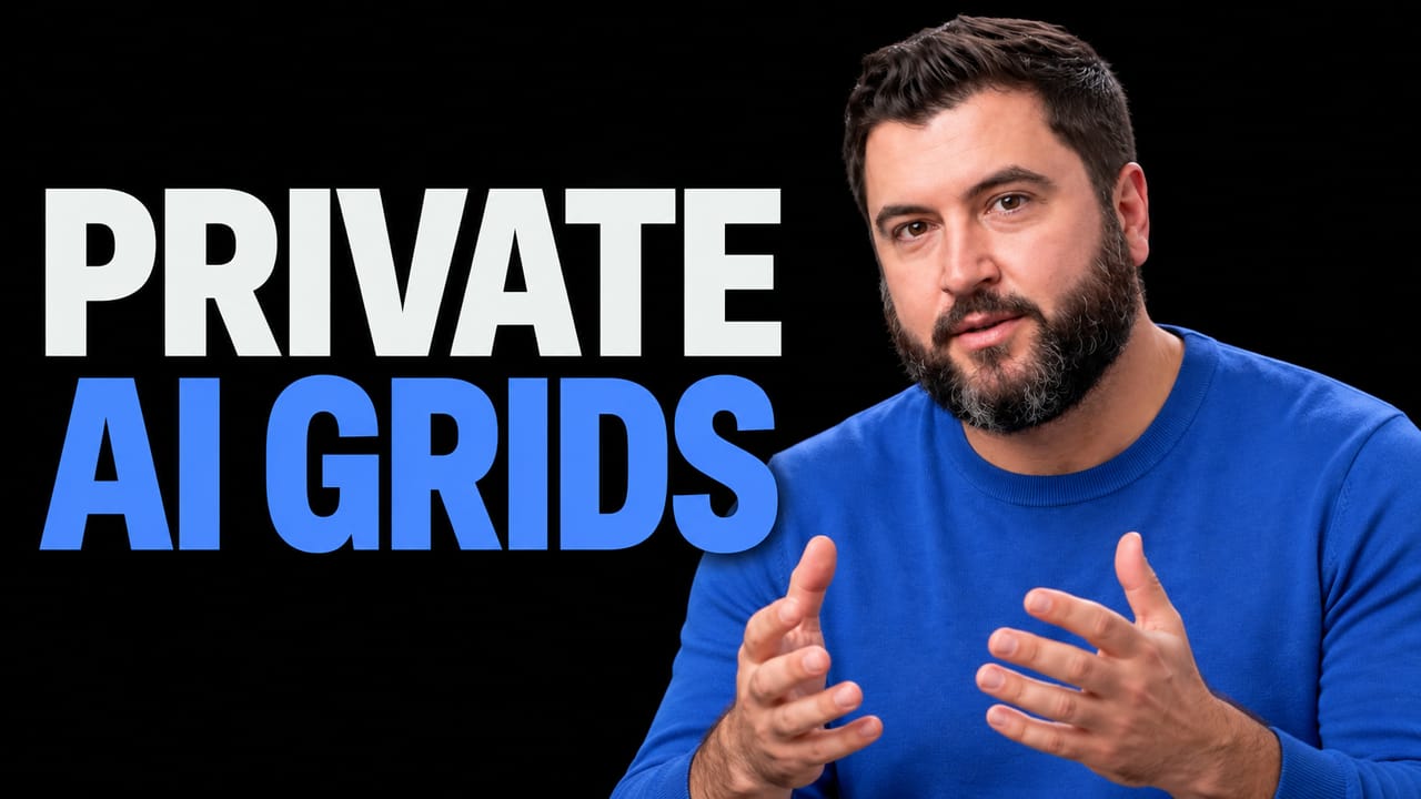 Travis Fisher gestures with both hands beside the off-white and blue PRIVATE AI GRIDS headline on black.