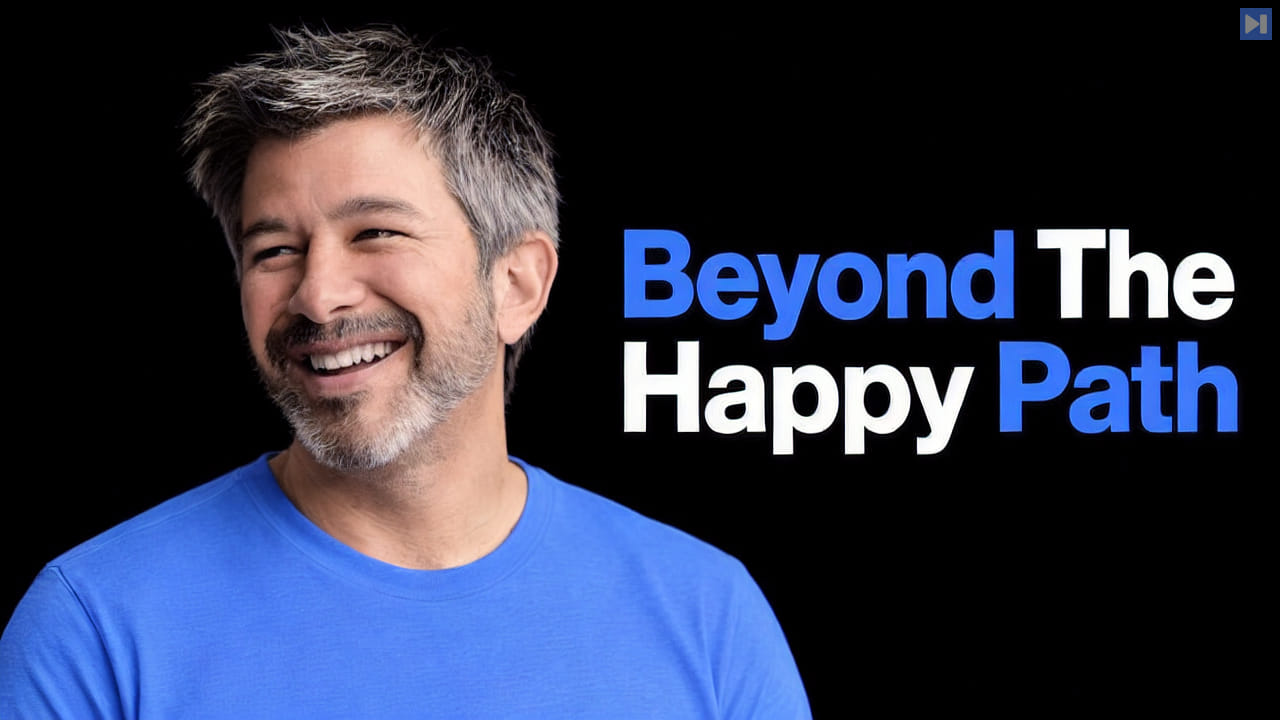 Travis Kalanick beside the blue and white headline Beyond The Happy Path on black.