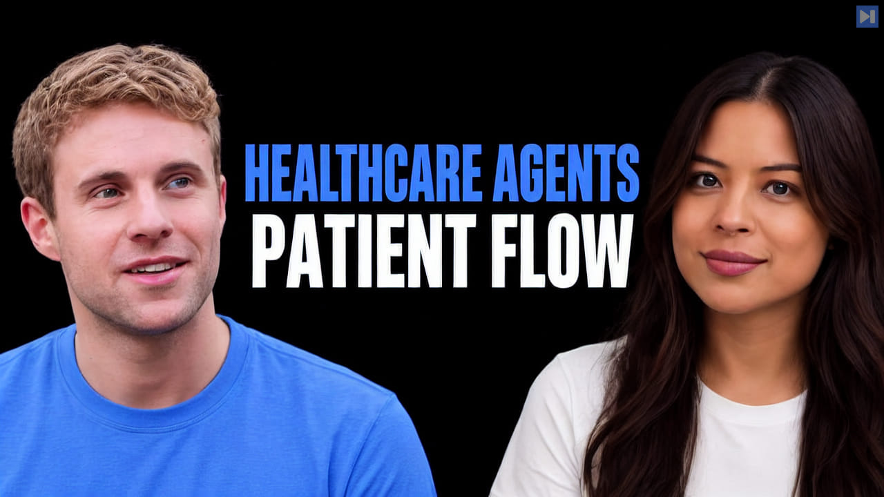 Trey Holterman in blue and Sophia Dew in off-white beside the blue and white “HEALTHCARE AGENTS PATIENT FLOW” headline on black.