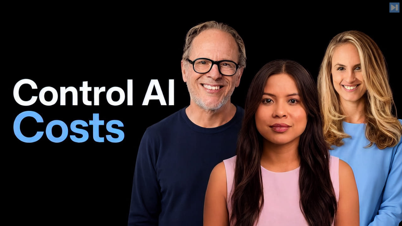 A man with glasses and two women in navy, pink and light blue tops beside Control AI Costs in white and blue.