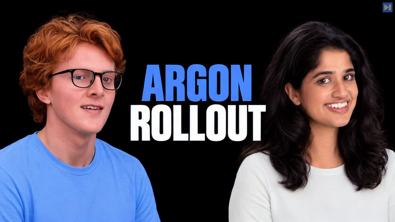 Editorial portraits of Theo Jaffee and Tulsee Doshi flank the blue-and-white headline ARGON ROLLOUT against black.