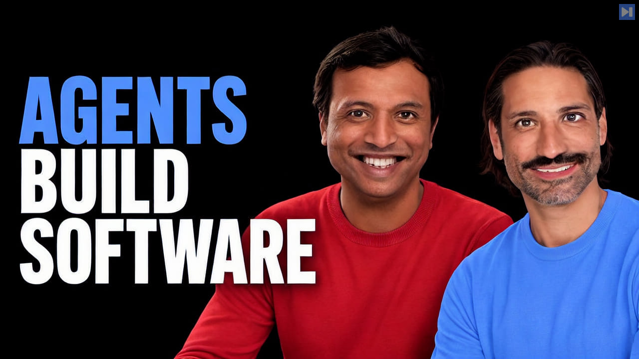 Two smiling men in red and blue tops beside the blue and white headline AGENTS BUILD SOFTWARE.