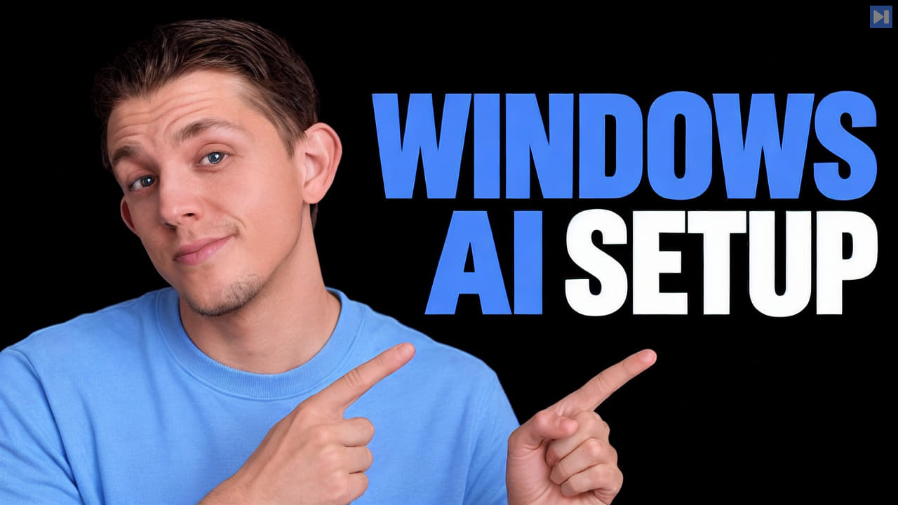 Riley Brown in blue points with both hands toward the blue-and-white headline “WINDOWS AI SETUP” on black.