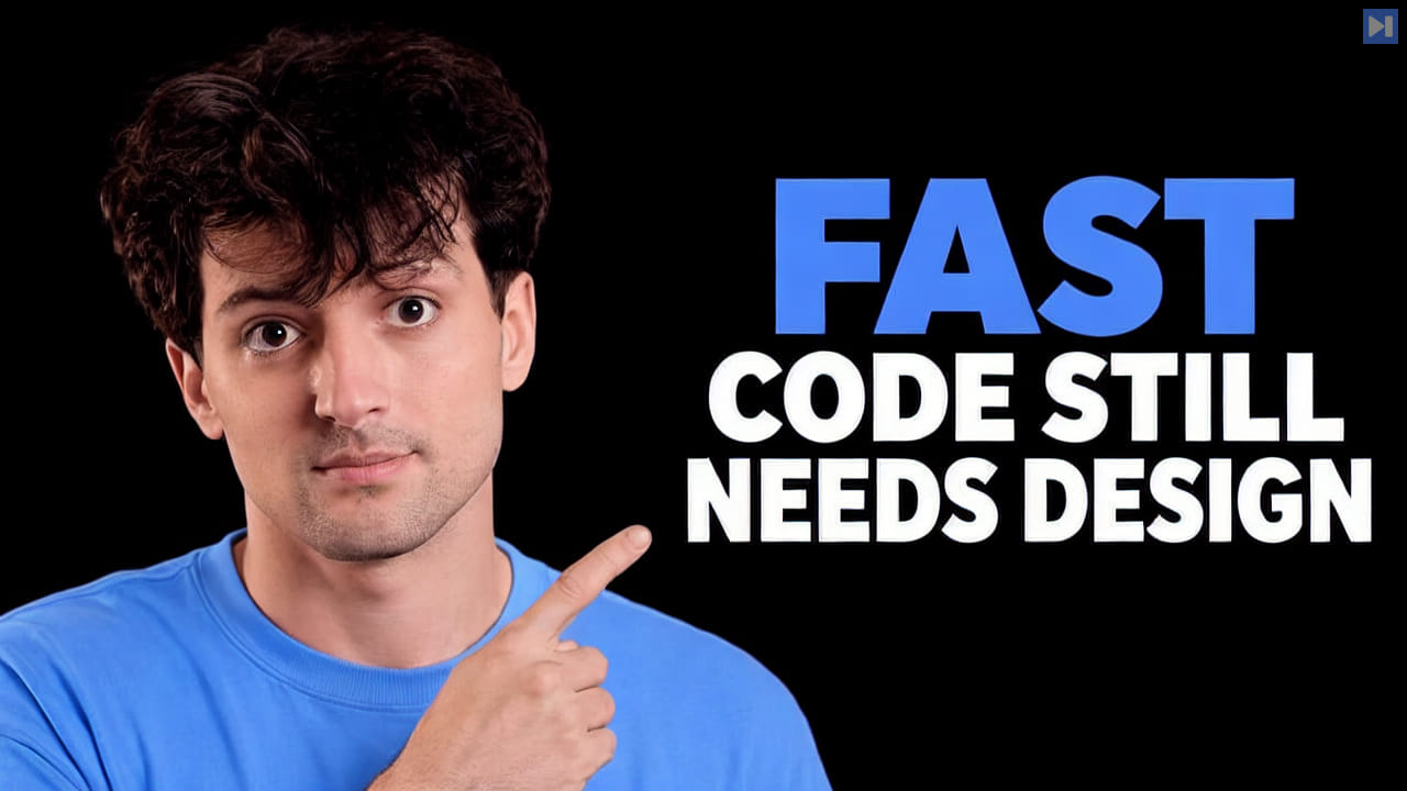 Theo Browne against a black background beside the blue-and-white headline “FAST CODE STILL NEEDS DESIGN”.