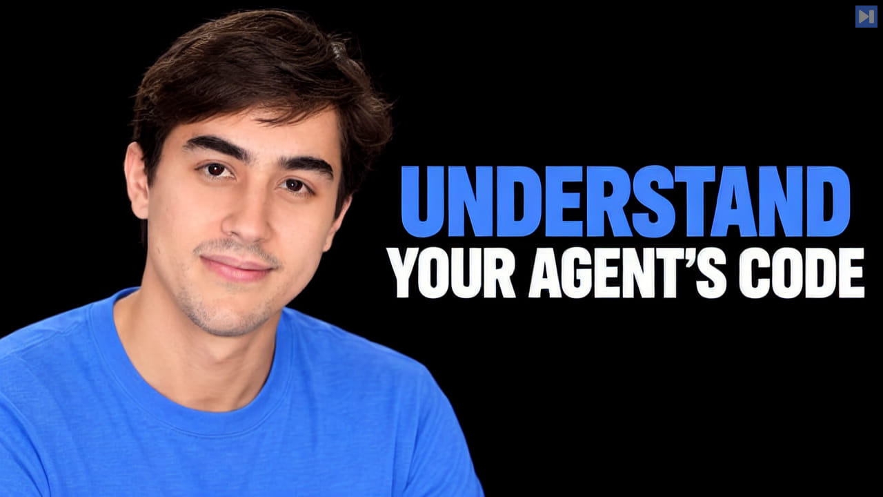 Geoffrey Litt in a blue shirt beside blue and white text reading “Understand your agent’s code” on black.