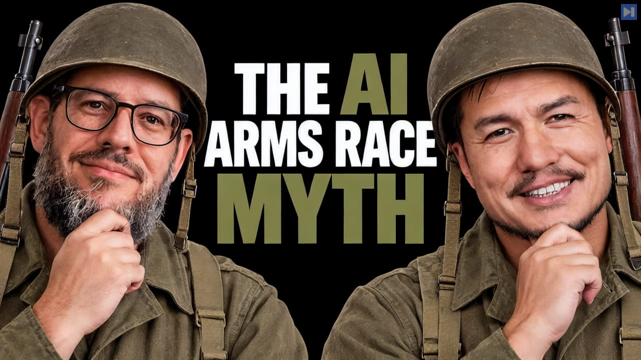Nate B Jones and Alvin Wang Graylin styled as World War II U.S. Army soldiers in olive-drab uniforms and helmets with safely slung rifles beside the headline The AI Arms Race Myth