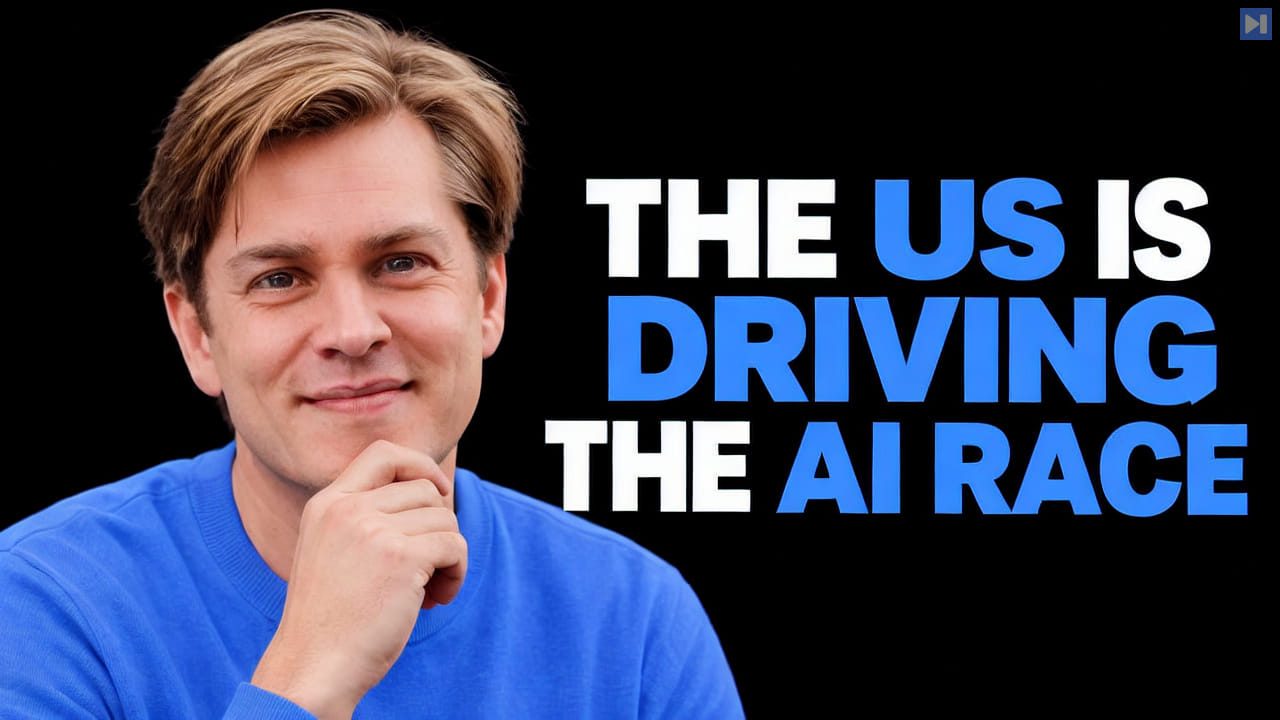 Nathan Labenz in an attention-blue shirt on a black background beside the headline ‘THE US IS DRIVING THE AI RACE’.