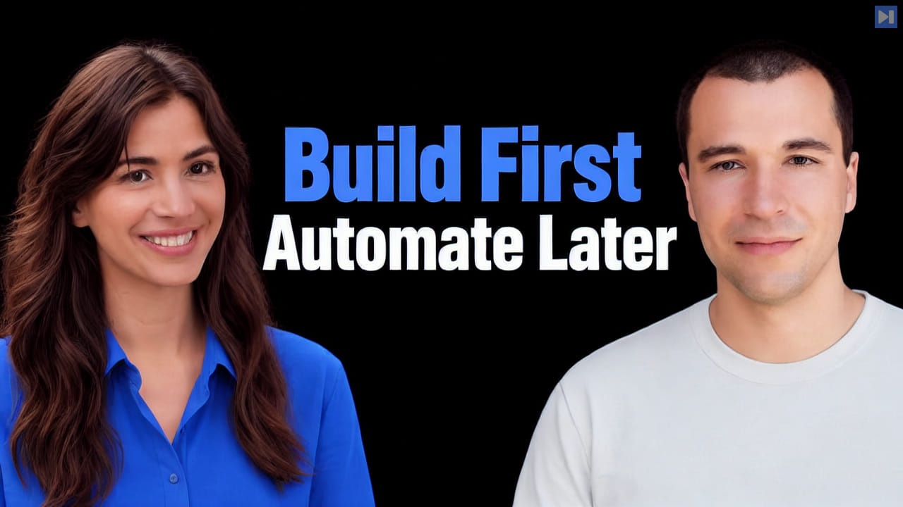 Marina Mogilko and Greg Brockman beside the blue and white Build First Automate Later headline against a black background.