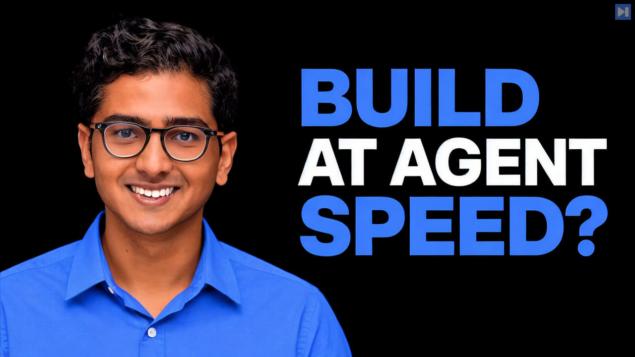 Vaibhav Gupta in a blue top beside the blue and white headline Build at Agent Speed? on black.